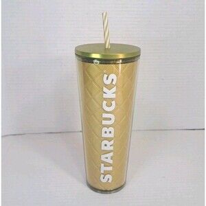 Starbucks Holiday 2024 Gold Quilted 24oz Venti Tumbler Cold Cup with Straw NEW